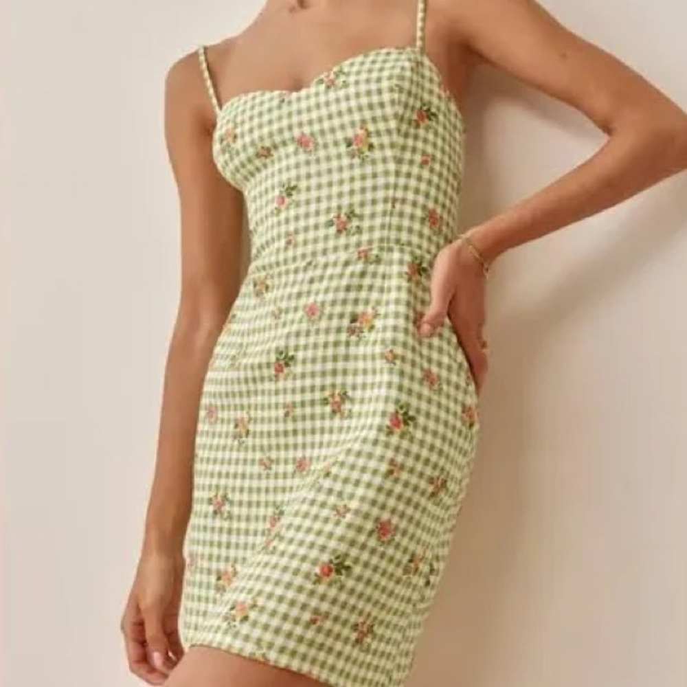 NWOT Reformation Roarke Linen Dress in Patio Green White Check Mini Size 2